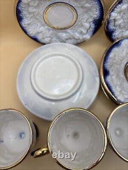 Antique Coffee Set of Cups & Saucers Cobalt White & Gold with CherubsSet of 12