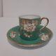 Antique Crown Staffordshire Demitasse Cup And Saucer- Green & Gold Floral Design