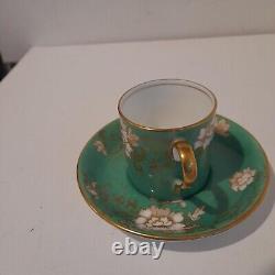 Antique Crown Staffordshire Demitasse Cup and Saucer- Green & Gold Floral Design