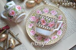 Antique Derby Hancock Stevenson Pink Rose Gilt Coffee Cup Saucer Duo Creamer