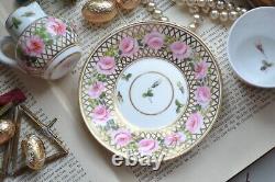 Antique Derby Hancock Stevenson Pink Rose Gilt Coffee Cup Saucer Duo Creamer