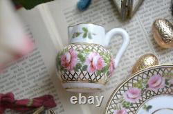 Antique Derby Hancock Stevenson Pink Rose Gilt Coffee Cup Saucer Duo Creamer