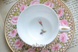 Antique Derby Hancock Stevenson Pink Rose Gilt Coffee Cup Saucer Duo Creamer