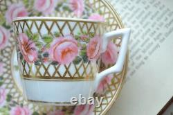 Antique Derby Hancock Stevenson Pink Rose Gilt Coffee Cup Saucer Duo Creamer