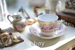 Antique Derby Hancock Stevenson Pink Rose Gilt Coffee Cup Saucer Duo Creamer