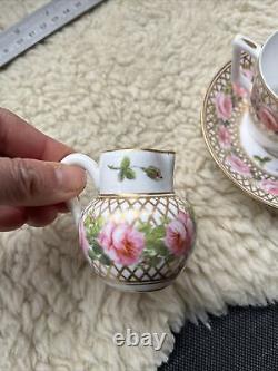 Antique Derby Hancock Stevenson Pink Rose Gilt Coffee Cup Saucer Duo Creamer