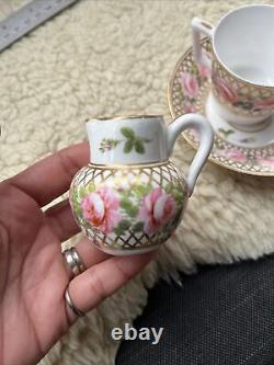 Antique Derby Hancock Stevenson Pink Rose Gilt Coffee Cup Saucer Duo Creamer
