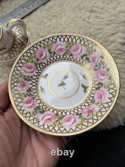 Antique Derby Hancock Stevenson Pink Rose Gilt Coffee Cup Saucer Duo Creamer