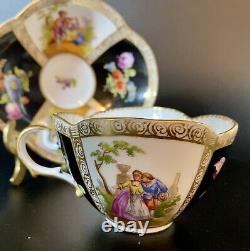 Antique Dresden Porcelain Black/Gold Quatrefoil Demitasse Cup/Saucer