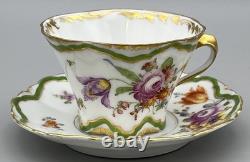 Antique Dresden Porcelain Cup and Saucer Green Rare Flower Gilded Floral