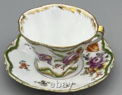 Antique Dresden Porcelain Cup and Saucer Green Rare Flower Gilded Floral