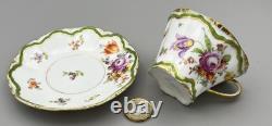 Antique Dresden Porcelain Cup and Saucer Green Rare Flower Gilded Floral