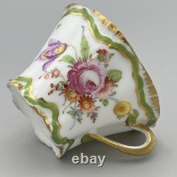 Antique Dresden Porcelain Cup and Saucer Green Rare Flower Gilded Floral
