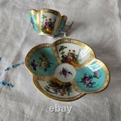 Antique Dresden Quatrefoil Cup & Saucer Turquoise Courting Couple Gilt c1900