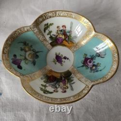Antique Dresden Quatrefoil Cup & Saucer Turquoise Courting Couple Gilt c1900