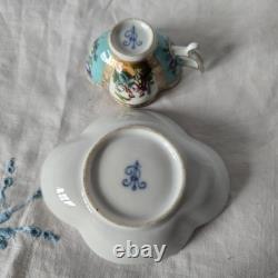 Antique Dresden Quatrefoil Cup & Saucer Turquoise Courting Couple Gilt c1900