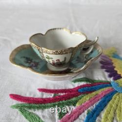 Antique Dresden Quatrefoil Cup & Saucer Turquoise Courting Couple Gilt c1900