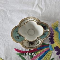 Antique Dresden Quatrefoil Cup & Saucer Turquoise Courting Couple Gilt c1900