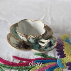 Antique Dresden Quatrefoil Cup & Saucer Turquoise Courting Couple Gilt c1900