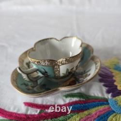 Antique Dresden Quatrefoil Cup & Saucer Turquoise Courting Couple Gilt c1900