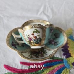 Antique Dresden Quatrefoil Cup & Saucer Turquoise Courting Couple Gilt c1900