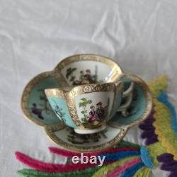Antique Dresden Quatrefoil Cup & Saucer Turquoise Courting Couple Gilt c1900