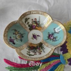 Antique Dresden Quatrefoil Cup & Saucer Turquoise Courting Couple Gilt c1900