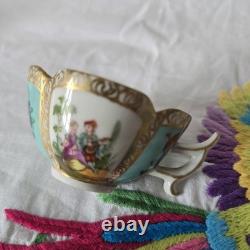 Antique Dresden Quatrefoil Cup & Saucer Turquoise Courting Couple Gilt c1900