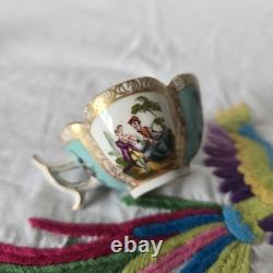 Antique Dresden Quatrefoil Cup & Saucer Turquoise Courting Couple Gilt c1900