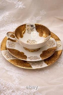 Antique Early 1900s Bavarian Porcelain Trio Cup Saucer Plate Gold Roses