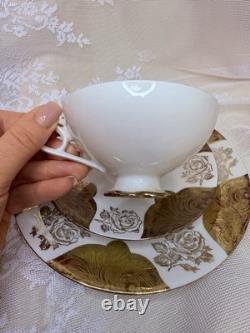 Antique Early 1900s Bavarian Porcelain Trio Cup Saucer Plate Gold Roses