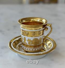 Antique Early 19thC Old Paris France Empire Cup Saucer Gold Picturesque Jeweled