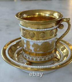 Antique Early 19thC Old Paris France Empire Cup Saucer Gold Picturesque Jeweled