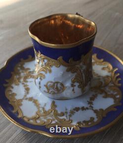 Antique Elite Limoges France Royal Blue & Gold Monogrammed Demitasse Cup & Sauce