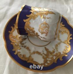 Antique Elite Limoges France Royal Blue & Gold Monogrammed Demitasse Cup & Sauce