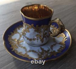 Antique Elite Limoges France Royal Blue & Gold Monogrammed Demitasse Cup & Sauce