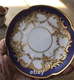 Antique Elite Limoges France Royal Blue & Gold Monogrammed Demitasse Cup & Sauce