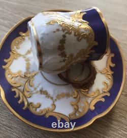 Antique Elite Limoges France Royal Blue & Gold Monogrammed Demitasse Cup & Sauce