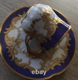 Antique Elite Limoges France Royal Blue & Gold Monogrammed Demitasse Cup & Sauce