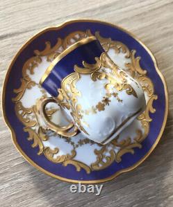 Antique Elite Limoges France Royal Blue & Gold Monogrammed Demitasse Cup & Sauce