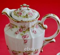 Antique Elite Works Limoges Porcelain Tea Chocolate Pot Set Cup Pink Roses Gold