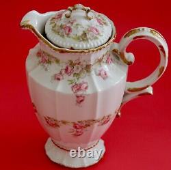 Antique Elite Works Limoges Porcelain Tea Chocolate Pot Set Cup Pink Roses Gold