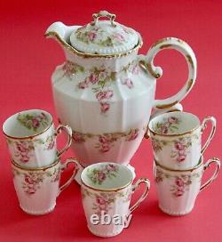 Antique Elite Works Limoges Porcelain Tea Chocolate Pot Set Cup Pink Roses Gold