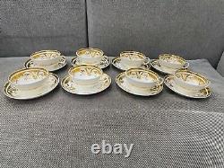 Antique English Porcelain Set of 8 Cups & Saucers w Gold Floral & Snowflake Dec