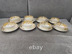 Antique English Porcelain Set of 8 Cups & Saucers w Gold Floral & Snowflake Dec