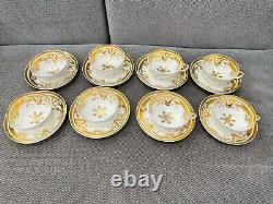 Antique English Porcelain Set of 8 Cups & Saucers w Gold Floral & Snowflake Dec