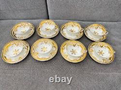 Antique English Porcelain Set of 8 Cups & Saucers w Gold Floral & Snowflake Dec