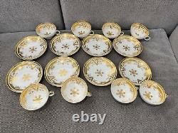 Antique English Porcelain Set of 8 Cups & Saucers w Gold Floral & Snowflake Dec