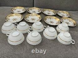 Antique English Porcelain Set of 8 Cups & Saucers w Gold Floral & Snowflake Dec