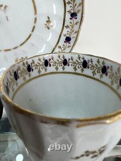 Antique English Tea Cup & Saucer Wrythen Moulded, Blue, Purple & Gilt 18thC